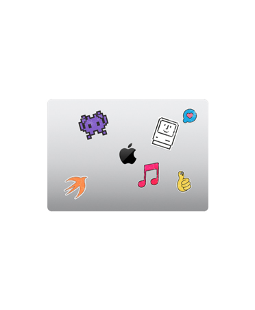 MacBook Air, vue du dessus, fermé, argent, autocollants multicolores autour du logo Apple