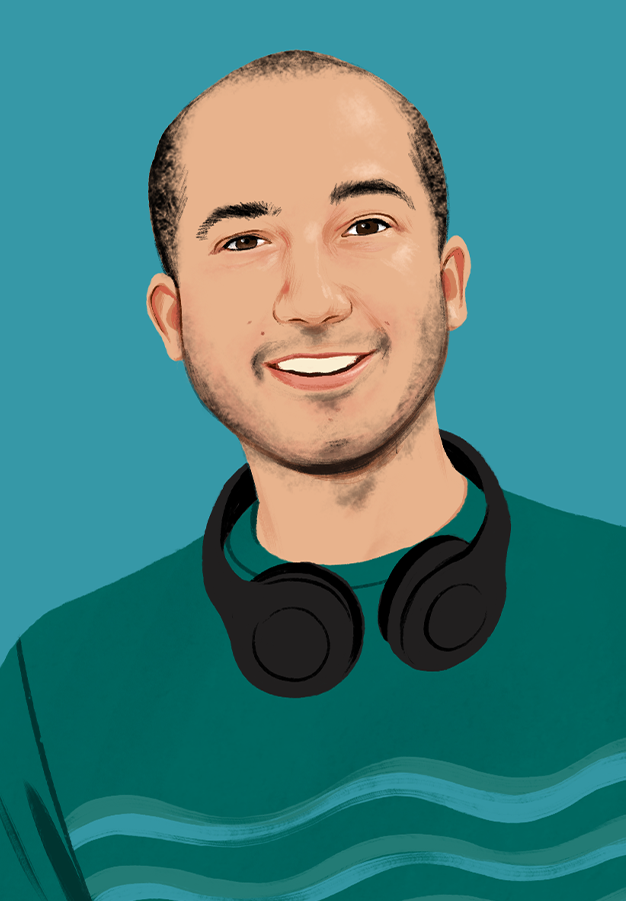 Illustrated portrait of Chris smiling, looking at the reader.
