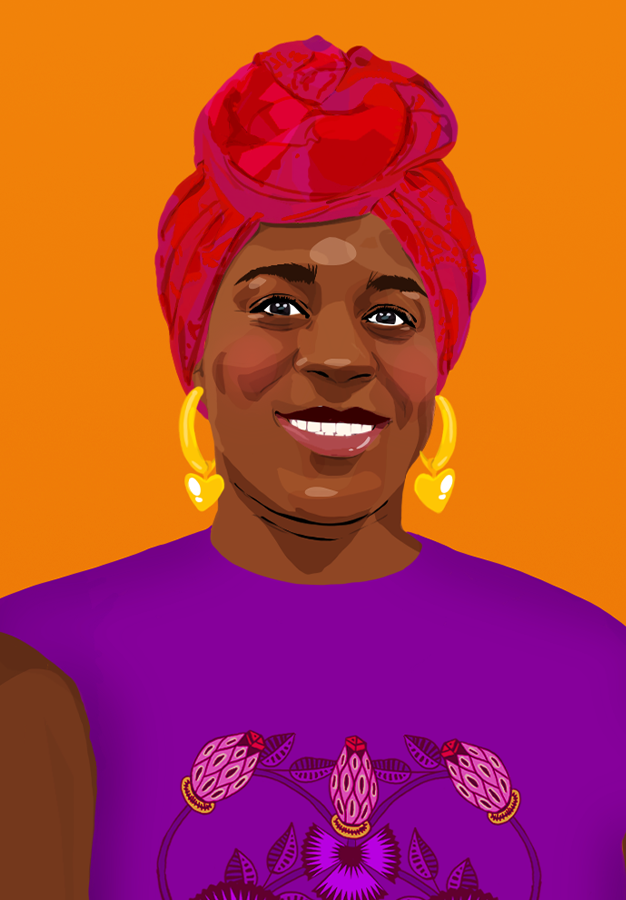 Illustrated portrait of Cynthia smiling, looking at the reader.