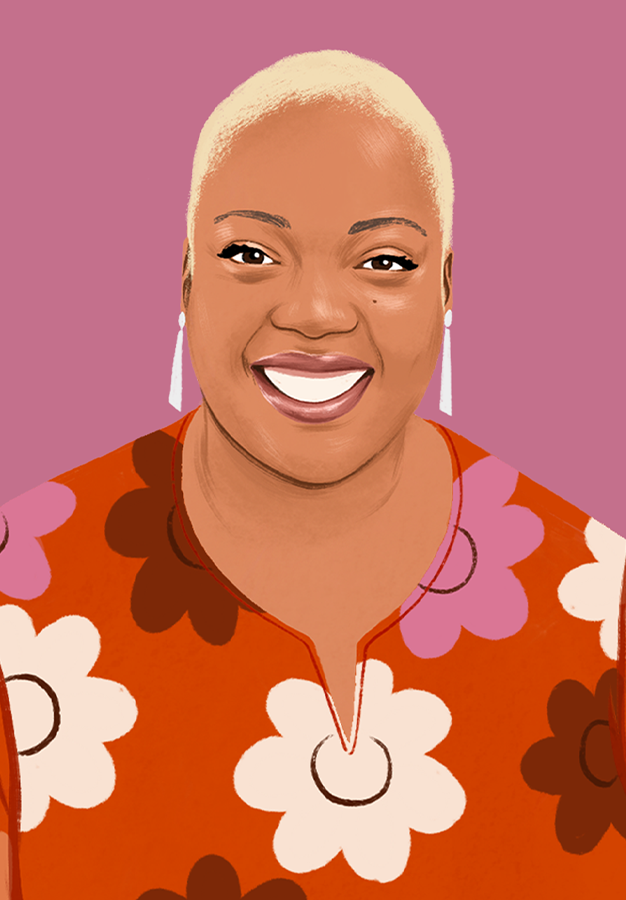 Illustrated portrait of Nafisah smiling, looking at the reader.
