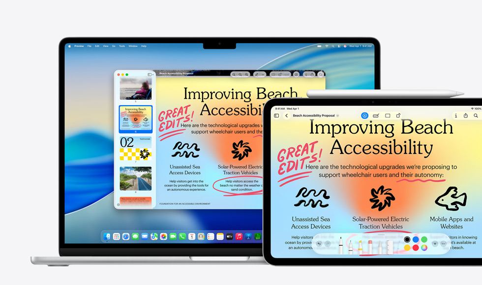 Mehrere Apple Geräte, das gleiche Bild auf jedem Gerät, ein Apple Pencil wurde verwendet, um das Bild auf dem iPad zu markieren, die Markierungen werden auf den anderen Geräten übernommen