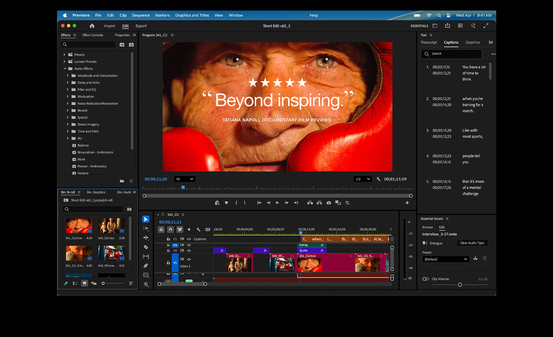 Écran de MacBook Pro affichant un film en cours de montage dans Adobe Premiere