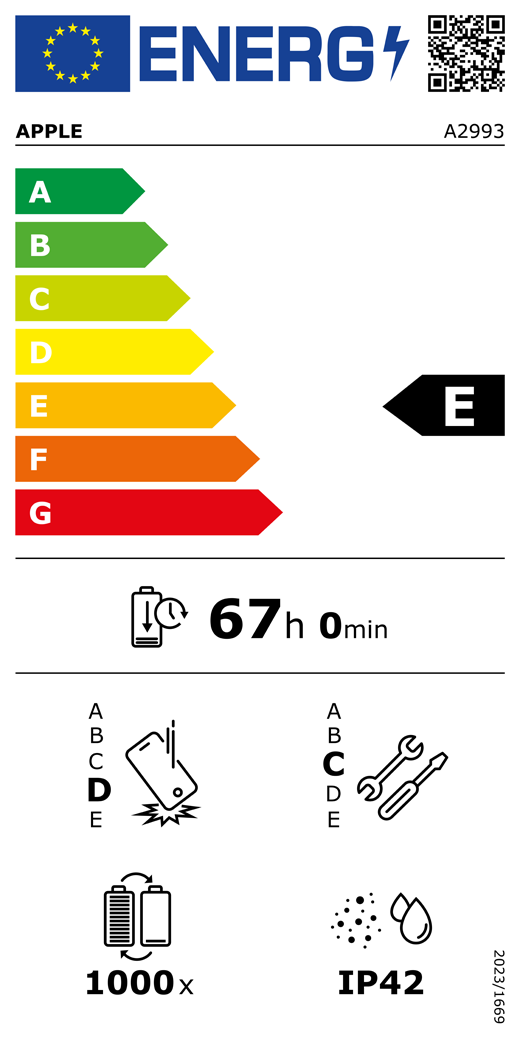 ES energijos vartojimo klasės QR kodas ir informacija, „Apple“ modelis A2993, E klasė, energijos vartojimo klasės (skalė nuo A iki G), nuo A (didžiausias efektyvumas) iki G (mažiausias efektyvumas), baterijos veikimo trukmė vienu ciklu, 67 val. ir 0 min. esant visiškai įkrautai baterijai, pakartotinio laisvo kritimo patikimumo klasė D, nuo A (didžiausias patvarumas) iki E (mažiausias patvarumas), pritaikymo remontuoti klasė C, nuo A (labiausiai pritaikytas remontuoti) iki E (mažiausiai pritaikytas remontuoti), 1 000 baterijos veikimo ciklų, apsaugos nuo dulkių ir vandens (IP) klasė IP42, reglamentas 2023/1669