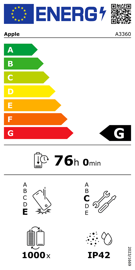 Etykieta energetyczna UE, kod QR i informacje, model Apple A3360, klasa G, klasy efektywności energetycznej (w skali od A do G), od A (najwyższa efektywność) do G (najniższa efektywność), trwałość baterii na cykl, 76 godzin i 0 minut na pełne naładowanie baterii, wytrzymałość na spadki swobodne wielokrotne klasy E, od A (największa solidność) do E (najmniejsza solidność), możliwość naprawy klasy C, od A (największa możliwość naprawy) do E (najmniejsza możliwość naprawy), trwałość baterii w cyklach 1000, ochrona przed wnikaniem pyłu i wody (IP) klasy IP42, rozporządzenie 2023/1669