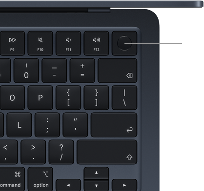 Colțul din dreapta sus al tastaturii MacBook Air, arătând locul unde se află butonul Touch ID
