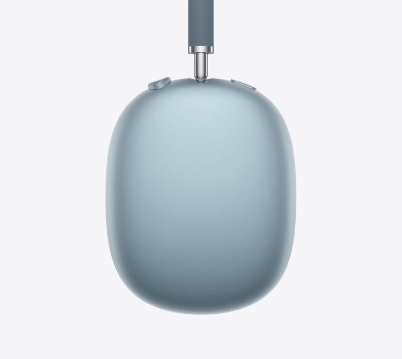 Ακουστικά AirPods Max 2, πλαϊνή εξωτερική όψη, χρώμα Μπλε, λεπτομέρεια του τηλεσκοπικού βραχίονα, μαξιλαράκι αυτιού, Digital Crown και κουμπί ελέγχου θορύβου