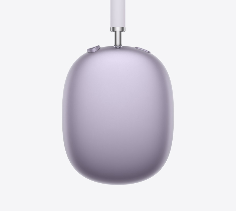 Ακουστικά AirPods Max 2, πλαϊνή εξωτερική όψη, χρώμα Μωβ, λεπτομέρεια του τηλεσκοπικού βραχίονα, μαξιλαράκι αυτιού, Digital Crown και κουμπί ελέγχου θορύβου