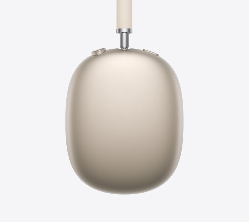 Ακουστικά AirPods Max 2, πλαϊνή εξωτερική όψη, χρώμα Λευκό της Αστροφεγγιάς, λεπτομέρεια του τηλεσκοπικού βραχίονα, μαξιλαράκι αυτιού, Digital Crown και κουμπί ελέγχου θορύβου
