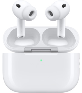 AirPods Pro 3 σε θήκη φόρτισης με ανοιχτό καπάκι, μπροστινή εξωτερική όψη, λευκό