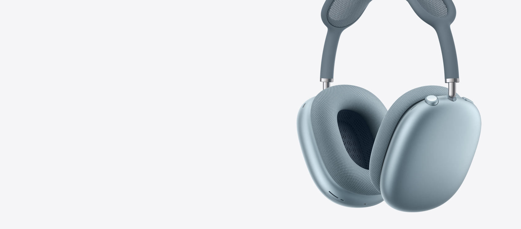 Ακουστικά AirPods Max 2, πλαϊνή εξωτερική όψη, μπλε χρώμα, εσωτερική και εξωτερική πλευρά από τα μαξιλαράκια ακουστικών, Digital Crown