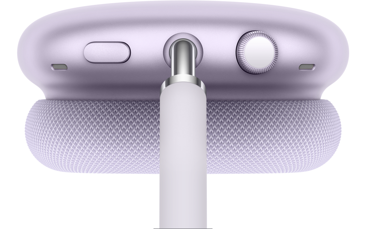 Ακουστικά AirPods Max 2 σε χρώμα Μωβ, επάνω εξωτερική όψη, λεπτομέρεια του κουμπιού ελέγχου θορύβου και της λειτουργίας Διαφάνειας