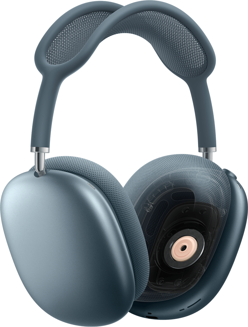 Ακουστικά AirPods Max 2 σε μπλε χρώμα, πλαϊνή εξωτερική όψη, ένα μαξιλαράκι αυτιού με διατομή της τεχνολογίας δυναμικού driver στο εσωτερικό