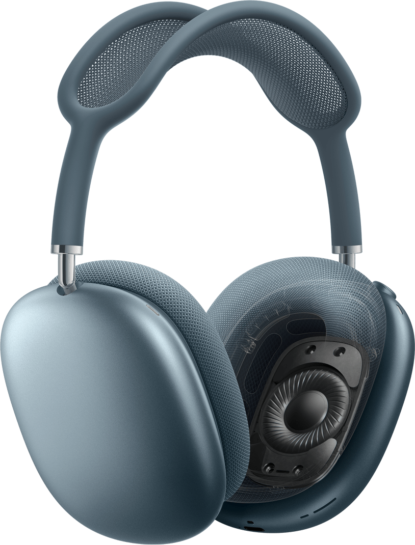 Ακουστικά AirPods Max 2 σε μπλε χρώμα, πλαϊνή εξωτερική όψη, ένα μαξιλαράκι αυτιού με διατομή της τεχνολογίας δυναμικού driver στο εσωτερικό