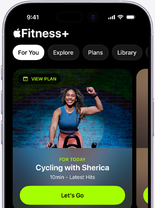 App Apple Fitness+ sur un iPhone affichant l’onglet Pour vous, avec une séance de vélo recommandée