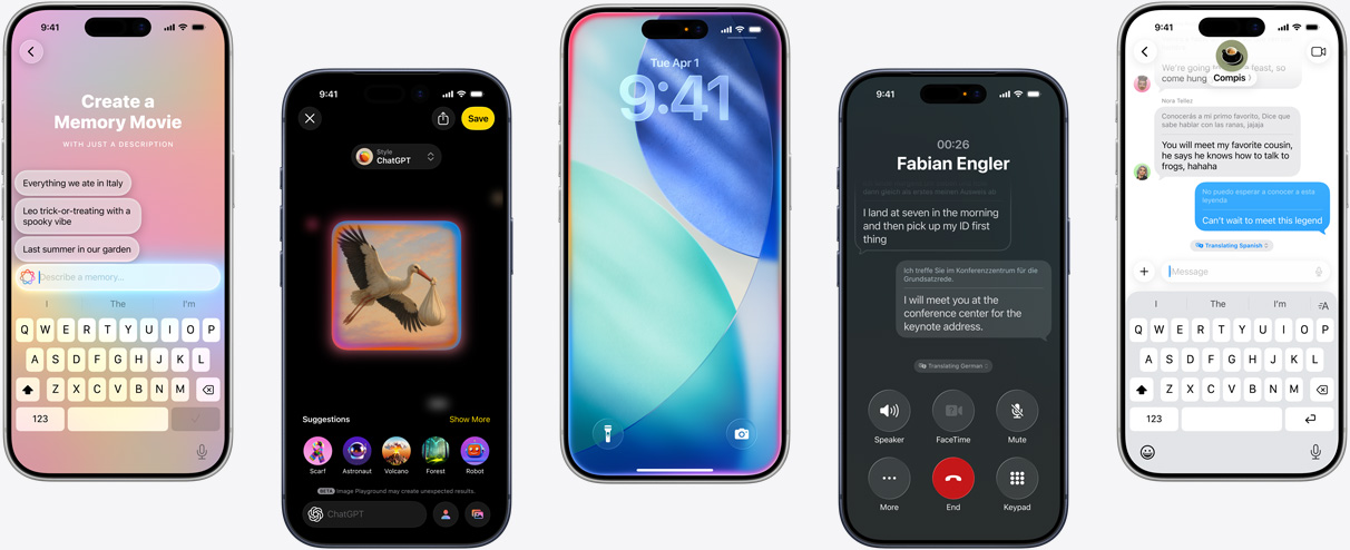 Pět iPhonů, na kterých se zobrazují funkce Apple Intelligence: vytváření vzpomínkového filmu, tvorba obrázků v Image Playground, nasvícená zamknutá obrazovka v iOS, Okamžité tlumočení během hovoru a překlad textu v reálném čase ve Zprávách.