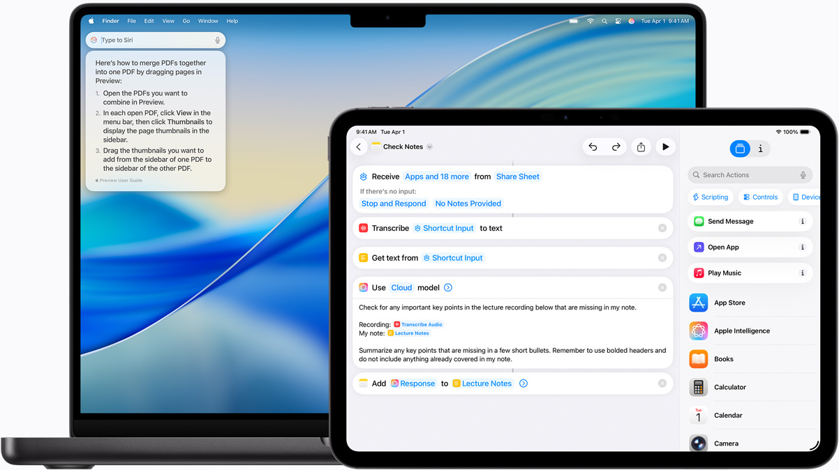 Mac met Typ Vragen aan Siri en iPad met een opdracht op basis van Apple Intelligence.