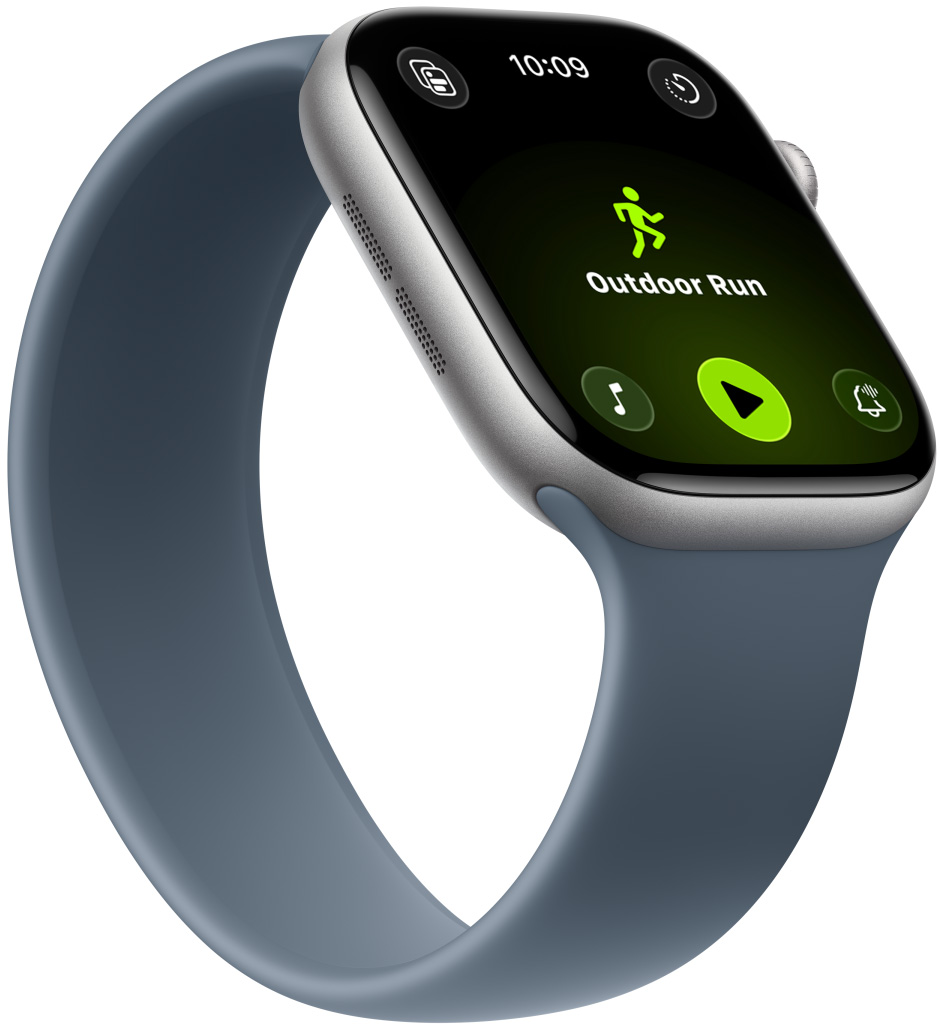 Apple Watch Series 11, алуминиев корпус, цвят астро сиво, тренировка Бягане на открито, контроли за Apple Music в долната част на екрана, Solo Loop, цвят метално синьо