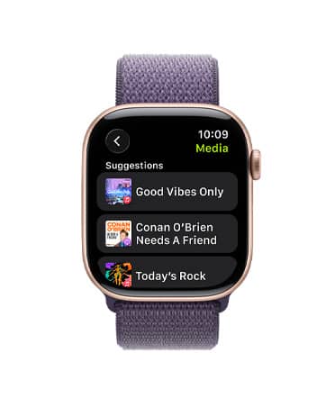 Apple Watch Series 11, цвят розово злато, алуминиев корпус, Apple Music, предложения за музика и подкасти, външна дясна страна, Digital Crown, каишка Sport Loop в цвят лилава мъгла
