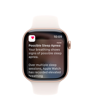 Apple Watch Series 11, цвят розово злато, алуминиев корпус, разширено известие за сънна апнея, дясна външна част, Digital Crown, Sport Band, лек руж