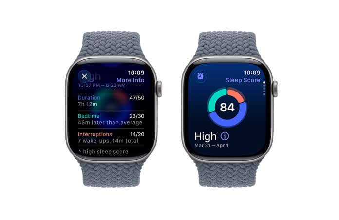 Apple Watch Series 11, Farbe Space Grau, Aluminiumgehäuse, Smart Stapel Hinweis, Schlafindex Mitteilung, rechte Seitenansicht, Digital Crown, Geflochtenes Solo Loop, Farbe Maritimblau