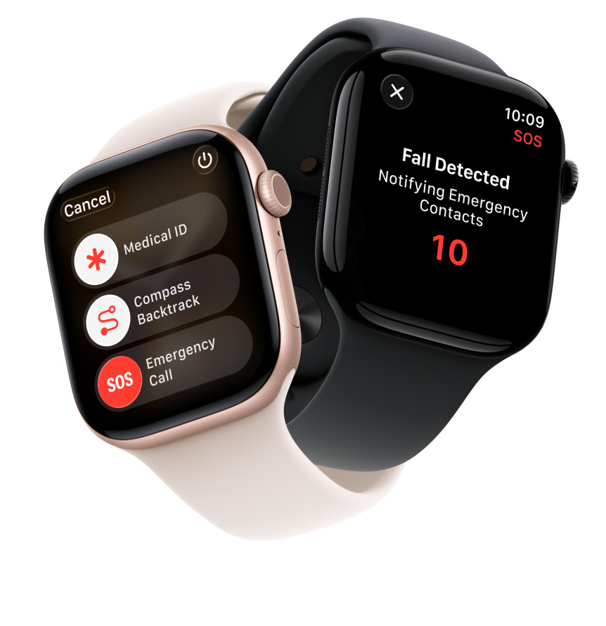 Устройства Apple Watch Series 11, алуминиеви корпуси, цветове розово златно и полирано смолисточерно, функции за безопасност на екрана: медицински ID, компас връщане по маршрута, спешно повикване, спортни каишки, цветове лек руж и черно