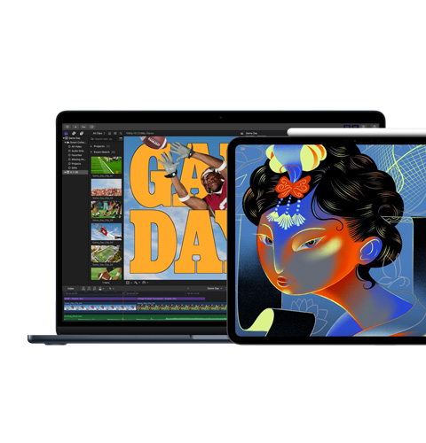 L’écran du Mac affiche Final Cut Pro, celui de l’iPad affiche Procreate Dreams
