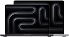 Des MacBook Pro, le plus petit devant le plus grand, ouverts, affichant un fond d’écran argent et noir avec un motif géométrique.
