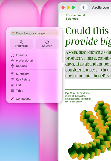 Un article dans Pages présentant un prompt Apple Intelligence avec des options pour résumer le texte mis en surbrillance, le rendre plus concis, et plus encore.