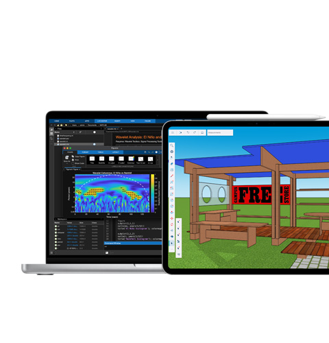 Pantalla de una Mac que muestra MATLAB, pantalla de un iPad que muestra Shapr3D