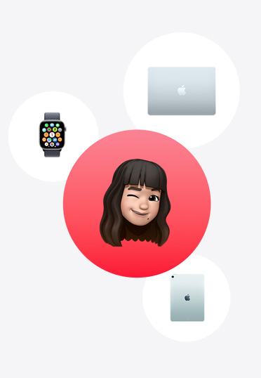 Apple Watch, MacBook, iPad, alrededor de un Memoji en un círculo rojo.