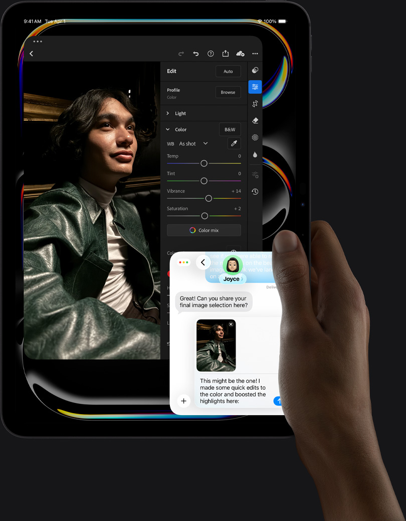 iPad Pro, esikülg, portreepaigutus, kosmosemust värv, parem käsi hoidmas seadet, ekraanil pilditöötluse rakendus pildiga inimesest nahktagis, töötluse tööriistad ja slaiderid, iMessage vestlus toimumas kasutaja ja teise inimese vahel, kes vaatab pilti