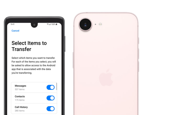Nebeneinander angeordnet, Android Display mit der App «Auf iOS übertragen», iPhone 17e, Rückseite, Farbe Hellrosa, Fusion Kamera