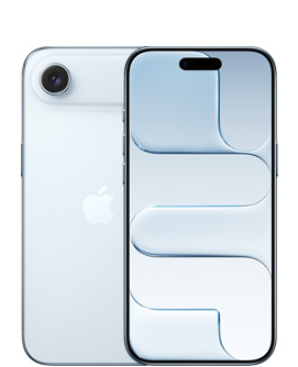 جهاز iPhone Air، الجهة الخارجية الخلفية، لون أزرق سماوي، نظام كاميرا Fusion في الجزء العلوي، شعار Apple في الوسط، الجهة الخارجية الأمامية، لون أزرق سماوي، Dynamic Island في الوسط أعلى الشاشة