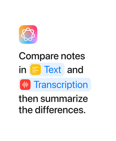 Compara notas en Texto y Transcripción y luego resume las diferencias, con las palabras ‘‘Texto’’ y ‘‘Transcripción’’ destacadas en azul, tal como aparecerían en la app Atajos