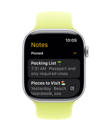 Apple Watch berwarna Perak dengan tali jam rajutan berwarna Peony, wajah jam menampilkan aplikasi Catatan, dengan dua catatan yang disematkan